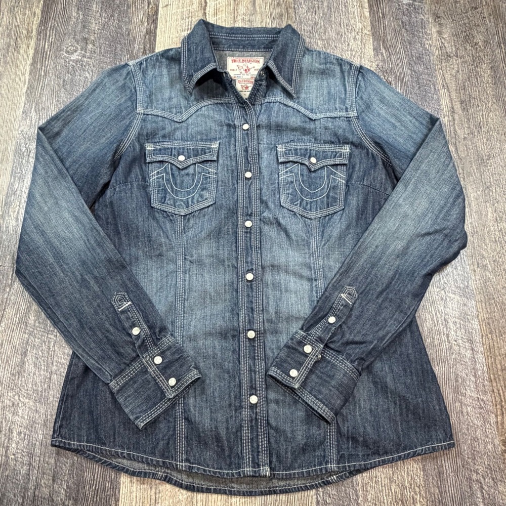 True Religion "Rocky" Denim Western Shirt Womens Large Pearl Snap Horseshoe